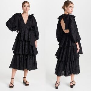 Farm Rio Black Flowers Textured Tiered Midi Dress